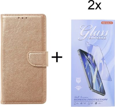 Bookcase Geschikt voor: Motorola Moto G9 Power - Goud - portemonnee hoesje met 2 stuk Glas Screen protector