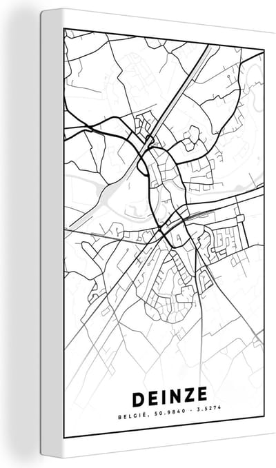 Canvas Schilderij Stadskaart – Zwart Wit - Kaart – Deinze – België – Plattegrond - 20x30 cm - Wanddecoratie