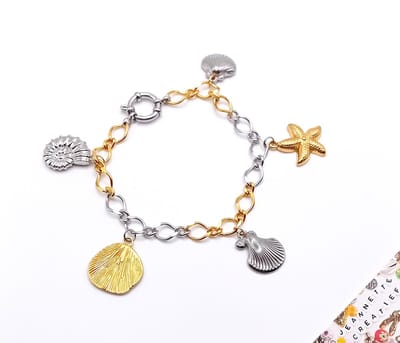 Jeannette-Creatief® - Beach - Bedelarmband Zeestar Starfish Schelpen Shell RVS Goud & Zilver Jasseron Boeislot Ammoniet - Jasseron - Bedel Zeester - Bedel Schelp - Bedels - Strandsieraden - Zomerse Sieraden - Schelpen- Ibizachic - Armband