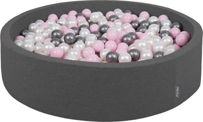 KiddyMoon rond ballenbad ballenbad 120x30cm/200 ballen ∅ 7cm ballenbakken kleurrijke ballen voor baby's peuterspeelzaal, made in the eu, donkergrijs:pearl-powder-powder-pink-silver