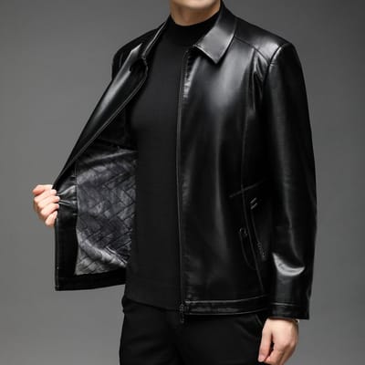 Nieuw Heren Revers Leren Jas Middelbare Leeftijd Heren Business Casual Rits PU Leren Jas 195 black
