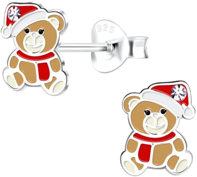 Joy|S - Zilveren kerst beer oorbellen - 6 x 8 mm - licht bruin rood wit zilver