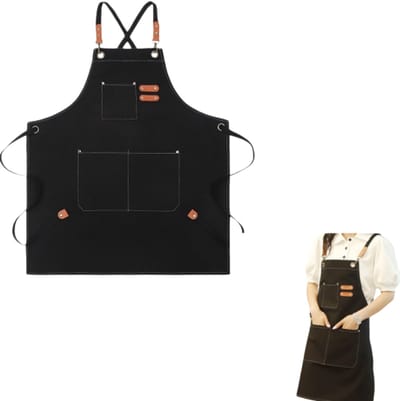 Canvas schort - Unisex - Werkschort - Met verstelbare schouderbanden - Geschikt voor obers/serveersters, keukenpersoneel, bakkers, kunstenaars en schilders - Zwart
