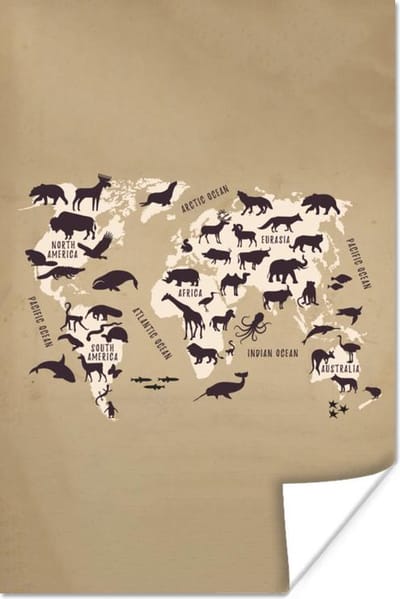 Poster 20x30 cm - Wereldkaart - Retro - Dieren - Posters - Kamer decoratie - Wanddecoratie woonkamer - Muurdecoratie slaapkamer