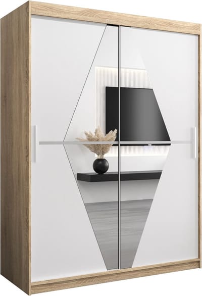 InspireMe - Kledingkast met 2 schuifdeuren, Modern-stijl, Een kledingkast met planken en een spiegel (BxHxD): 150x200x62 - BOLA 150 Sonoma Eik + Wit Mat