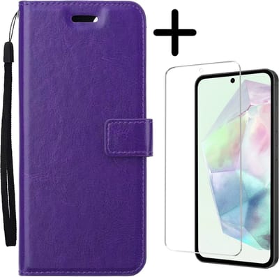 Hoesje Met Screenprotector - Geschikt voor Samsung Galaxy A35 - Luxe Pasjeshouder - Bookcase Portemonee - Flip Case - Kunstleer Book Case - Flipcase - Book Cover - Walletcase - Portemonneehoes - Paars