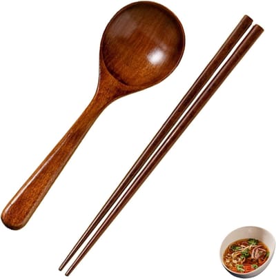 Set van 2 Herbruikbare Houten Eetstokjes en Lepels, Ideaal voor Soepen, Ramen en Tafelgebruik, Keukenaccessoires van Hout (20 cm)