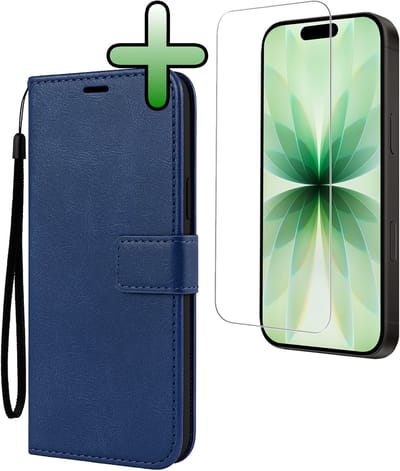 Hoesje Met Screenprotector - Geschikt voor Apple iPhone 17 - Luxe Pasjeshouder - Bookcase Portemonee - Flip Case - Kunstleer Book Case - Flipcase - Book Cover - Walletcase - Portemonneehoes - Donkerblauw