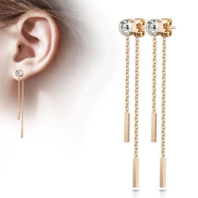 Oorbellen stud met vrij hangende dubbele ketting balkje ©LMPiercings