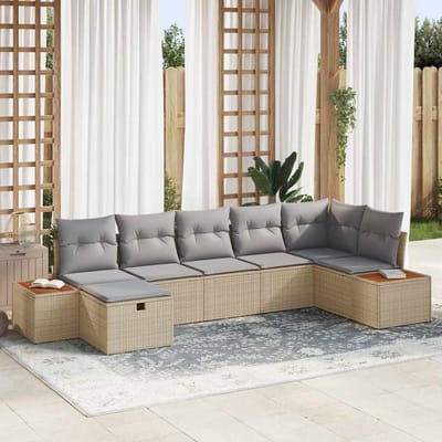 vidaXL - Tuinbank - Set - met - kussen - 7 - pcs - Beige - Poly - rattan