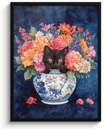 Poster in lijst - Fotolijst 50x70 cm - Posters - Kat - Felgekleurde bloemen - Vaas - Posterlijst zwart - Decoratie - Wanddecoratie woonkamer - Muurdecoratie slaapkamer