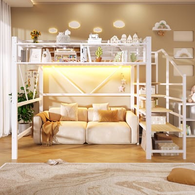 VVBV Ruimtebesparende Hoogslaper 140x200 cm - Opbergruimte, LED-Verlichting, Planken - Metaal Wit - Zonder Matras