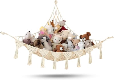 Bohemian Leren Hangmat voor Speelgoed en Poppen - Decoratieve Opbergoplossing voor Kinderkamer met Net en Wicker Design
