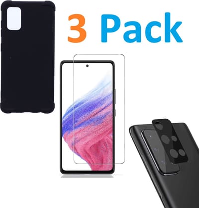 Anti-Schok Siliconen Hoesje Back Cover zwart + Tempered Glass Screen Protector  + Camera lens Beschermer zwart Geschikt voor: Samsung Galaxy A51 5G