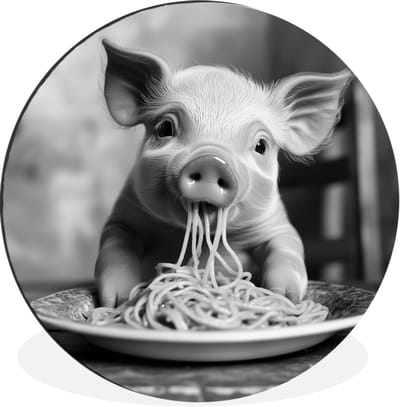 WallCircle - Wandcirkel - Muurcirkel - Varken - Schattig - Spaghetti - Zwart wit - Dier - Aluminium - Dibond - 30x30 cm - Binnen en Buiten