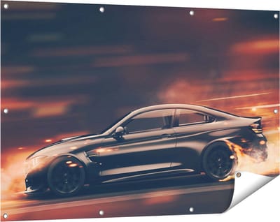 Gards Tuinposter Zwarte Sportwagen Auto met Vlammen - 120x80 cm - Tuindoek - Tuindecoratie - Wanddecoratie buiten - Tuinschilderij