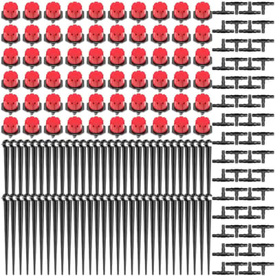 180 Pcs Automatische Tuin Drip Irrigatie Reserveonderdelen Set - 60 Stuks Verstelbare Druppelaars + 60 Stuks T-Connector + 60 Stuks Slanghouder voor Tuin, Gazon, Kas