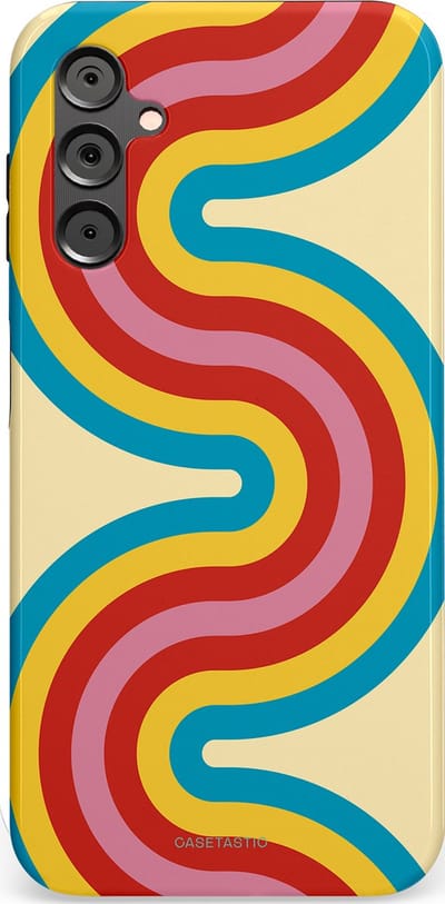 Casetastic hoesje geschikt voor Samsung Galaxy A14 (2023) 5G / Samsung Galaxy A14 (2023) 4G - Dubbellaagse bescherming - Retro kronkels - Fashion Case - Crème Lichtblauw Goud Rood