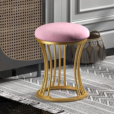 Ronde Voetenbank - Poef Ottomaan - Comfort Rusten - Fluwelen Bekleding - MDF & Staal - Roze
