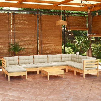 vidaXL - 9-delige - Loungeset - met - crèmekleurige - kussens - massief - grenenhout