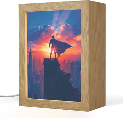 Nachtlampje 15x20 cm - Kinder lampje - Superheld - Stad - Jongens - Kleurrijk - Zon - Tafellamp kinderkamer - Slaapkamer lamp - Bedlamp kinderen - Kinderlampje stopcontact - Wandlamp babykamer - Nachtlampjes