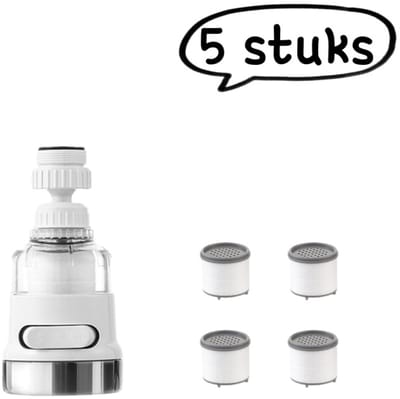 Set van 5 stuks - Kraanfilter - Douchekop Waterbesparende Filter Booster - Kraanwater Spatkop - Kraanfilter + Vervangende Filterpatronen (4 stuks) - Wit