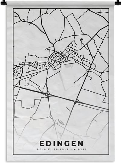 Wandkleed - Wanddoek - Stadskaart – Plattegrond – België – Zwart Wit – Edingen – Kaart - 120x180 cm - Wandtapijt