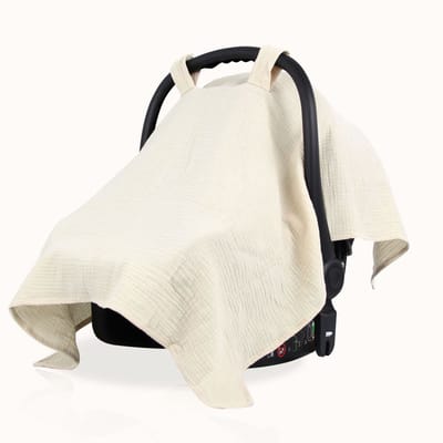 Autostoelhoes voor baby's - Zachte, ademende katoenen mousseline - 85*100 cm - Lichtgewicht luifel voor bescherming tegen zon, insecten en comfort - Past op de meeste kinderwagens en autostoeltjes voor baby's - Beige