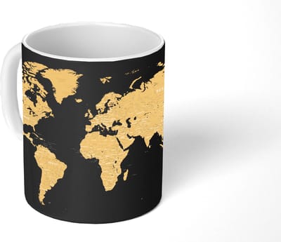 Mok - Koffiemok - Wereldkaart - Beige - Zwart - Mokken - 350 ML - Beker - Koffiemokken - Theemok