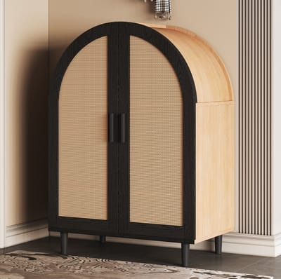 DESMIU Schoenenkast - Staand Kastontwerp Met 2 Rattandeuren En Verstelbare Planken - Voor Hal En Woonkamer - MDF En Spaanplaat - 70x40x100 Cm - Naturel Zwart