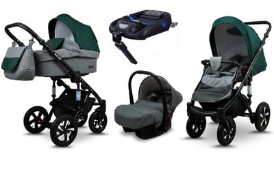 BabyLux® Kinderwagen 4in1 – SKY LARK - Grey Flex Green BLACK FRAME - Opklapbare Wandelwagen incl. Reiswieg, Multifunctionele Buggy Sportstoel, Autostoel, ISOFIX basisstation - Combi-kinderwagen met Luiertas, Regenhoes, Klamboe