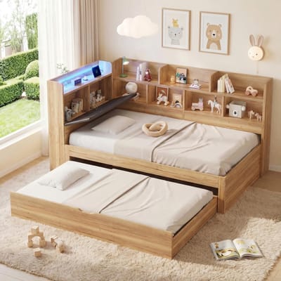 Slaapbank 90x200cm - uitschuifbaar bed - met opbergruimte - met LED-verlichting - USB-oplaadpoort - boekenplank - houtkleur - zonder matras
