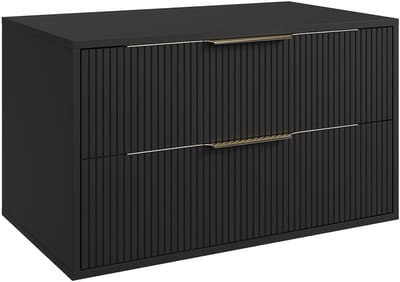 Badplaats Wastafelkast Rimini 80 cm – Mat Zwart – Hangend Badmeubel met 2 Lades en Gouden Handgrepen