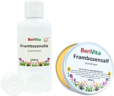 Combinatieset: Frambozenzaad Olie 100ml en Frambozen Zalf 100ml - Set met Frambozenolie 100ml Puur en Frambozenzalf 100ml Blik