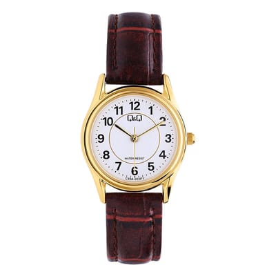 Q&Q C49A-003PY - Horloge - Polshorloge - Analoog - Dames - Vrouwen - Leren band - Rond - Metaal - Cijfers - DonkerBlauw - Goudkleurig - Wit