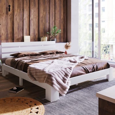 Houten tweepersoonsbed met hoofdeinde en lattenbodem - Minimalistisch design voor slaapkamer en logeerkamer - 140x200 cm - Wit/naturel - 100% massief grenenhout - Opbergruimte 18 cm - 150 kg draagvermogen
