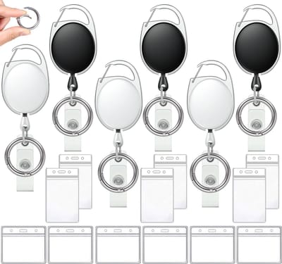 6x Uittrekbare Sleutelhangers met 12 Transparant Badgehouder & Karabijnhaken - Broekclip Pashouder/Kaarthouder - Trekkoord Skipashouder - Intrekbaar Skipas Sleutel Koord - Kecord ID Badge Houder Sleutelkoord - Clip Afrolmechanisme Rollerclip Keykoord