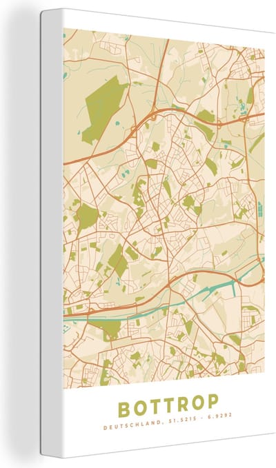 Canvas Schilderij Bottrop - Kaart - Vintage - Stadskaart - Plattegrond - 20x30 cm - Wanddecoratie