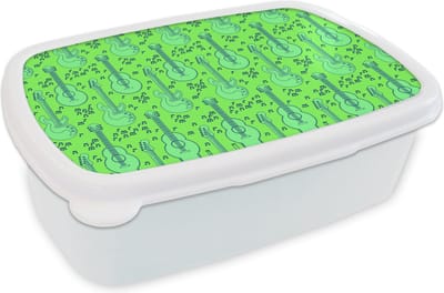 Broodtrommel Wit - Lunchbox - Brooddoos - Gitaar - Patronen - Groen - 18x12x6 cm - Volwassenen