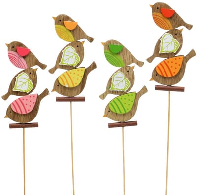 Lentedecoratie vogels met stok hout assorti H10,5cm 12 st, 16 Stück