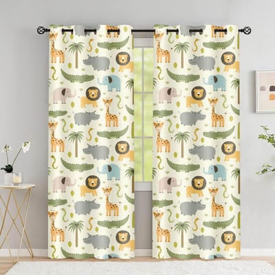 2 stuks Safari Dieren Raam Gordijn Cartoon Jungle Bos Print Gordijnen Woondecoratie Gordijnen voor Baby Kinderen Slaapkamer Woonkamer W50H130(CM)x2&Hook white
