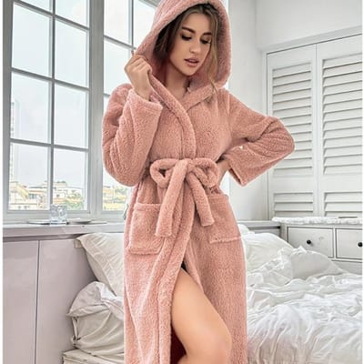 Peignoir d'hiver en flanelle pour femme, kimono rose à capuche, épais et chaud, en polaire corail, vêtements de nuit amples XL rose