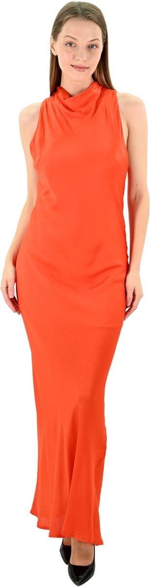 YesMooi - Siena - Satijnlook Midi Jurk met Hoge Hals - Oranje - S (36)