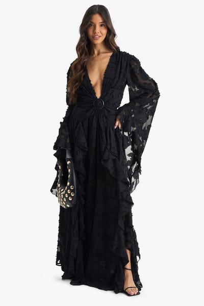 boohoo Dames Maxi-jurk met textuur, split en uitgesneden details | Zwart | Maat: 38