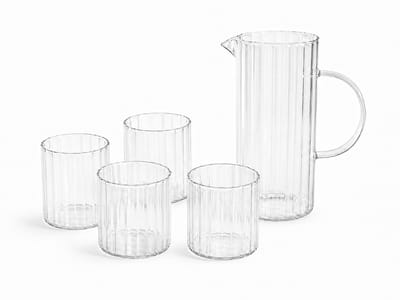 MPLCo - 5-Delige - Karaf Set - Waterkaraf zonder Deksel met 4 Glazen - Geribbeld Glas - Hittebestendig - Luxe Schenkset voor Water, Sap, IJsthee & Limonade - Borosilicaat Glas - 1.2 Liters - Transparant