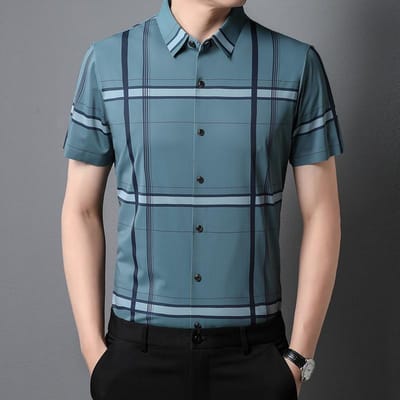 Blauw Nieuw Heren Korte Mouw Geruit Overhemd Mode Casual Urban Jeugd Casual Fit Korte Mouw Overhemd voor Heren M gray