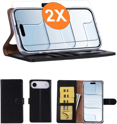 Hoesje geschikt voor iPhone Air hoesje Zwart pasjeshouder telefoon hoes - Met screenprotector tempered glass voor iPhone Air - 2x
