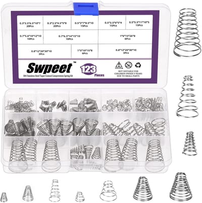 Dailygoods - Swpeet 123 stuks 10 maten 0,3/0,5/0,7/0,8/1 roestvrij staal conische veer taps toelopende veer assortimentset, metalen torenveren conische veren, kleine compressieveren voor reparatie