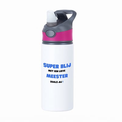 Hacebo® - super blij met een lieve meester zoals jij waterfles met rietje roze - Meester - de liefste meester - verjaardag - cadeautje voor meester - meester artikelen - kado - geschenk - collega's - water fles - 650ML