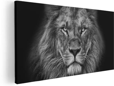 Artaza Canvas Schilderij Leeuw - 40x20 cm - Klein - Wanddecoratie Dierenkop - Muurdecoratie Woonkamer - Schilderijen Op Canvas Zwart Wit
